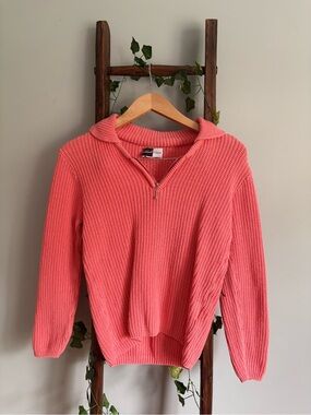 Vintage 1990s Coral Half-Zip Knit Sweater Hoodie